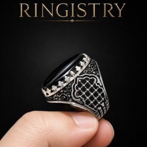 Handmade Black Yemeni Agate Ring, Sterling Silver Islamic Shia Men's Jewelry
