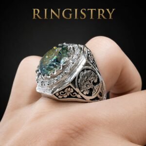Green Moissanite Ring for Men, 925 Sterling Silver Men's Ring, Vintage Engraved Statement Ring, Unique Engagement Ring for Him