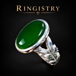 Green Agate Ring for Men, 925 Sterling Silver Aqeeq Ring, Oval Green Gemstone Ring with Leaf Design, Islamic Jewelry Gift