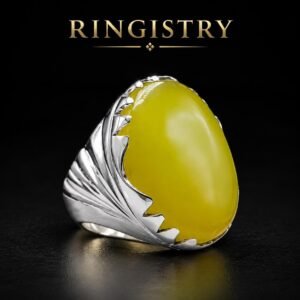 Yellow Agate Ring for Men, Zard Aqeeq Gemstone Ring, Sculpted Silver-Tone Statement Jewelry