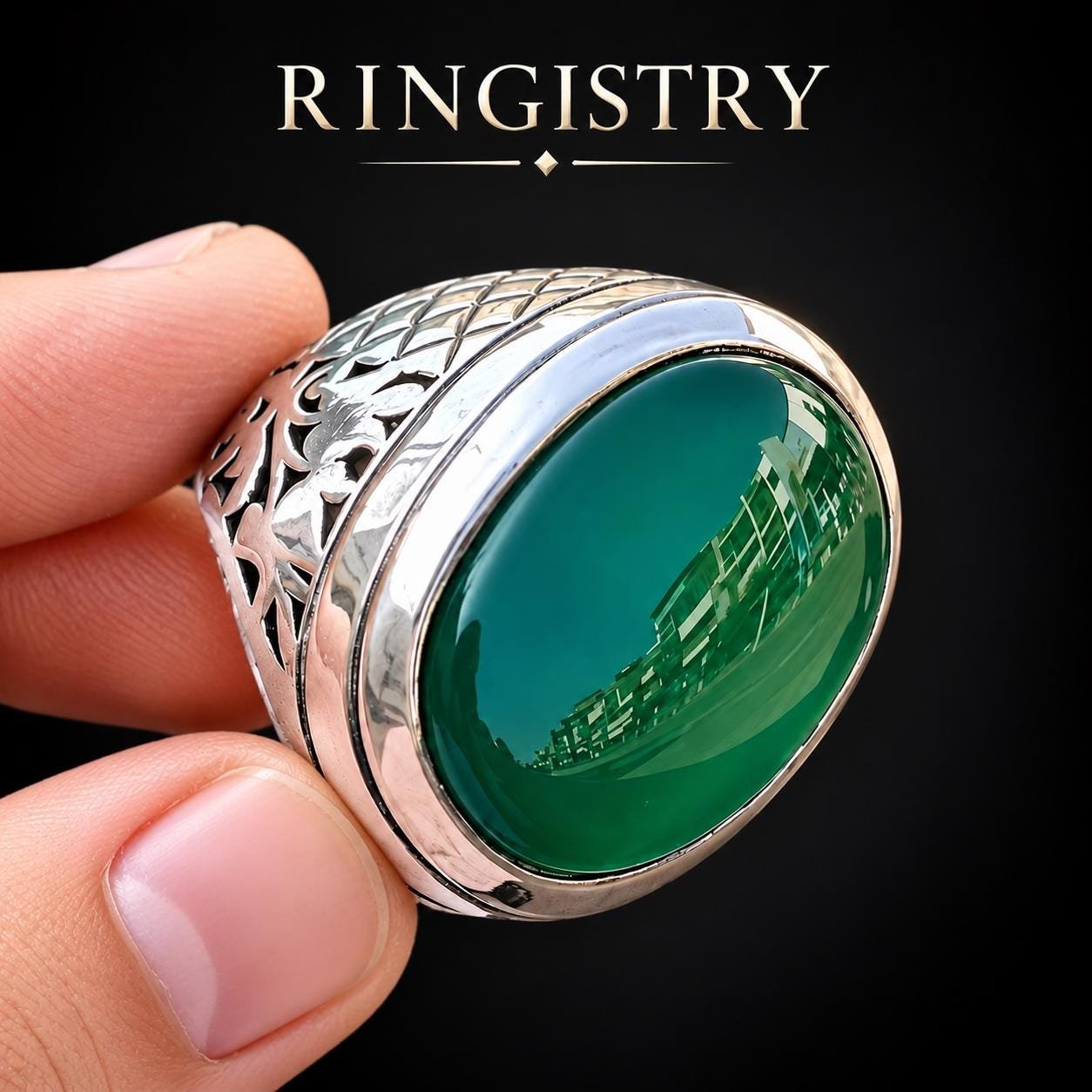 Green Agate Men's Ring, 925 Sterling Silver Oval Gemstone Ring - Image 2