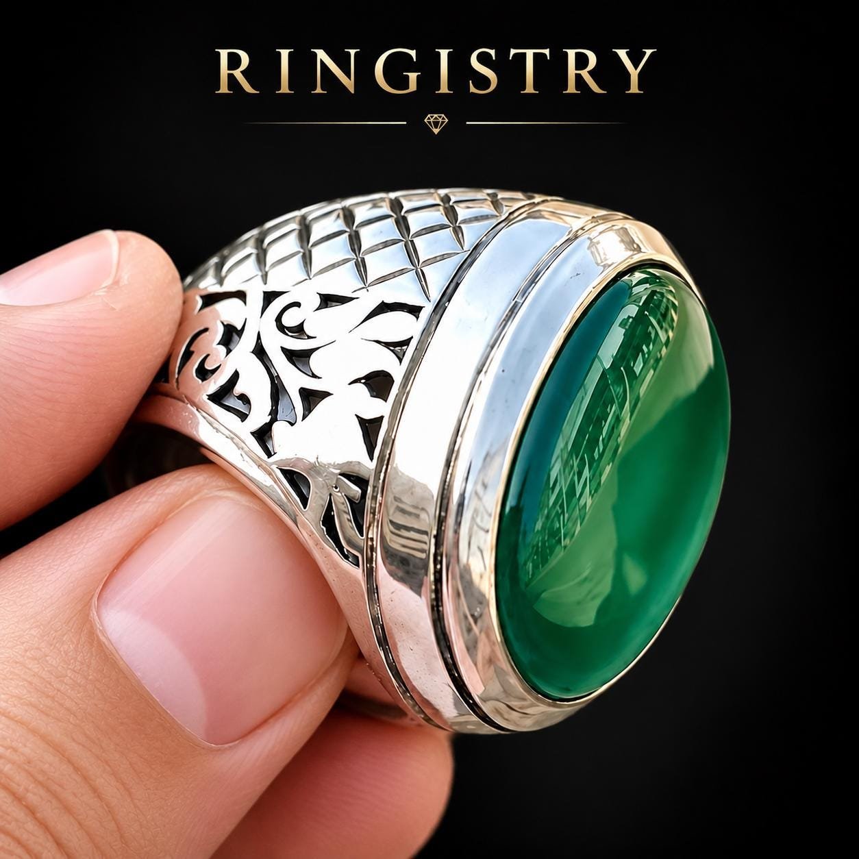 Green Agate Men's Ring, 925 Sterling Silver Oval Gemstone Ring - Image 5