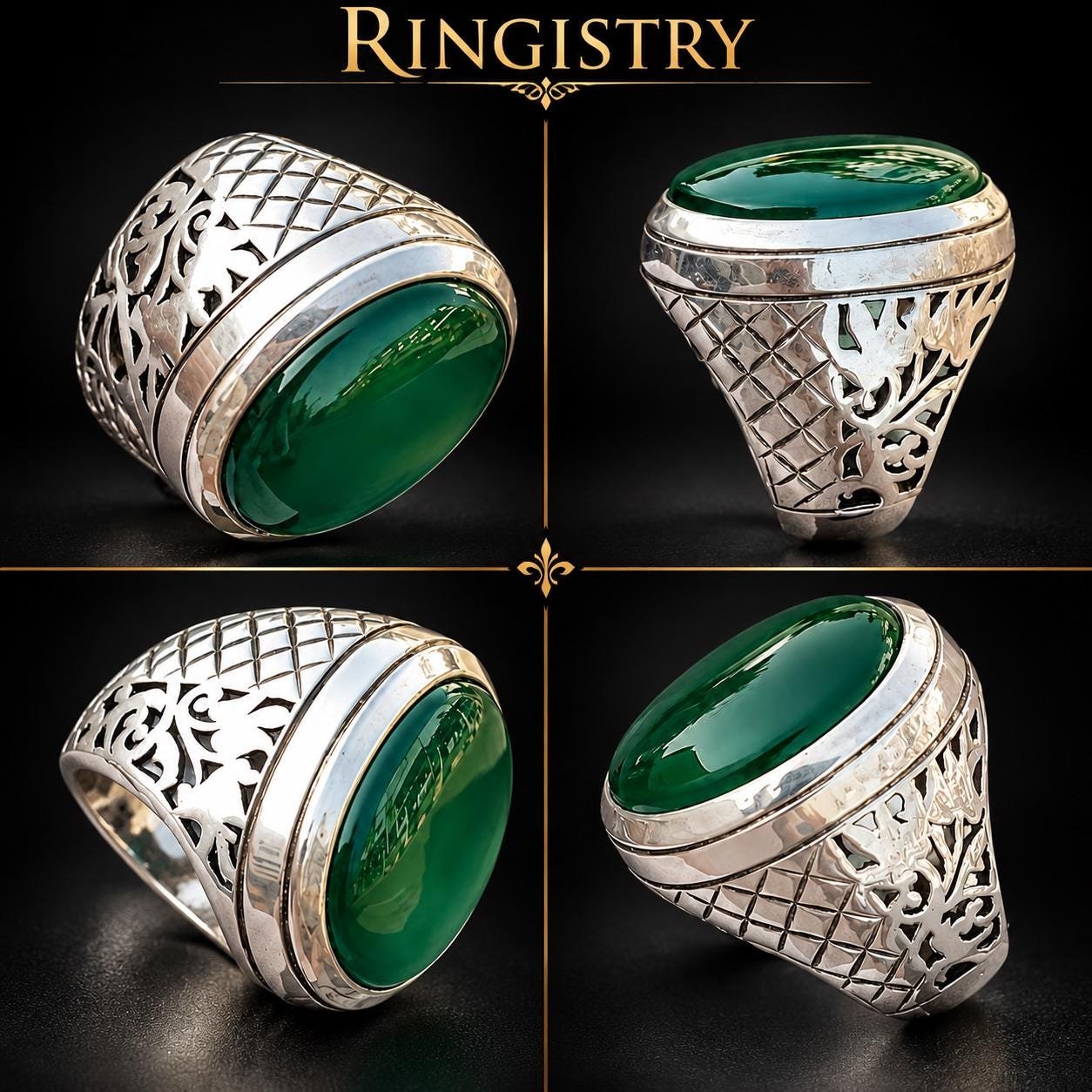 Green Agate Men's Ring, 925 Sterling Silver Oval Gemstone Ring - Image 4