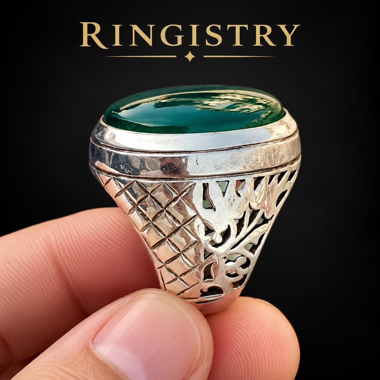 Green Agate Men's Ring, 925 Sterling Silver Oval Gemstone Ring