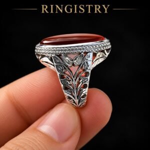 Red Agate Ring for Men, 925 Sterling Silver Aqeeq Ring with Ornate Floral Band