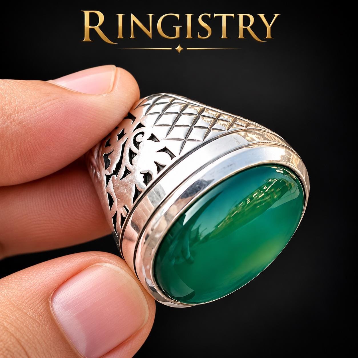 Green Agate Men's Ring, 925 Sterling Silver Oval Gemstone Ring - Image 6