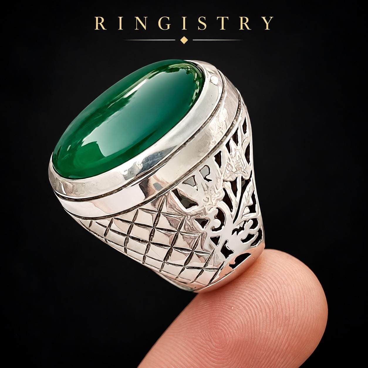 Green Agate Men's Ring, 925 Sterling Silver Oval Gemstone Ring - Image 3